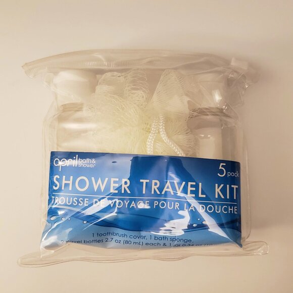 Other - 3/$10 5pc Travel Size Toiletry Kit Shower Mini Bottles Bath Pouf Scrub Reusable